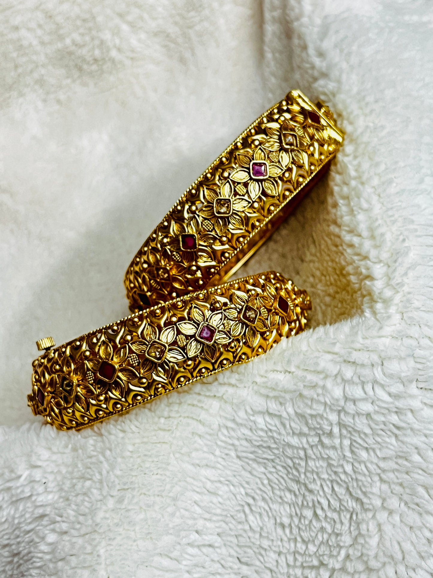 Antique Floral Gold Bangles with Ruby and Diamond Accents