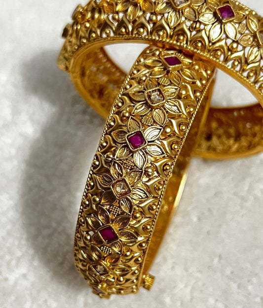 Antique Floral Gold Bangles with Ruby and Diamond Accents