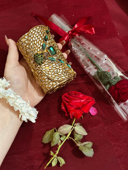 Small kundan mini clutch  green stones