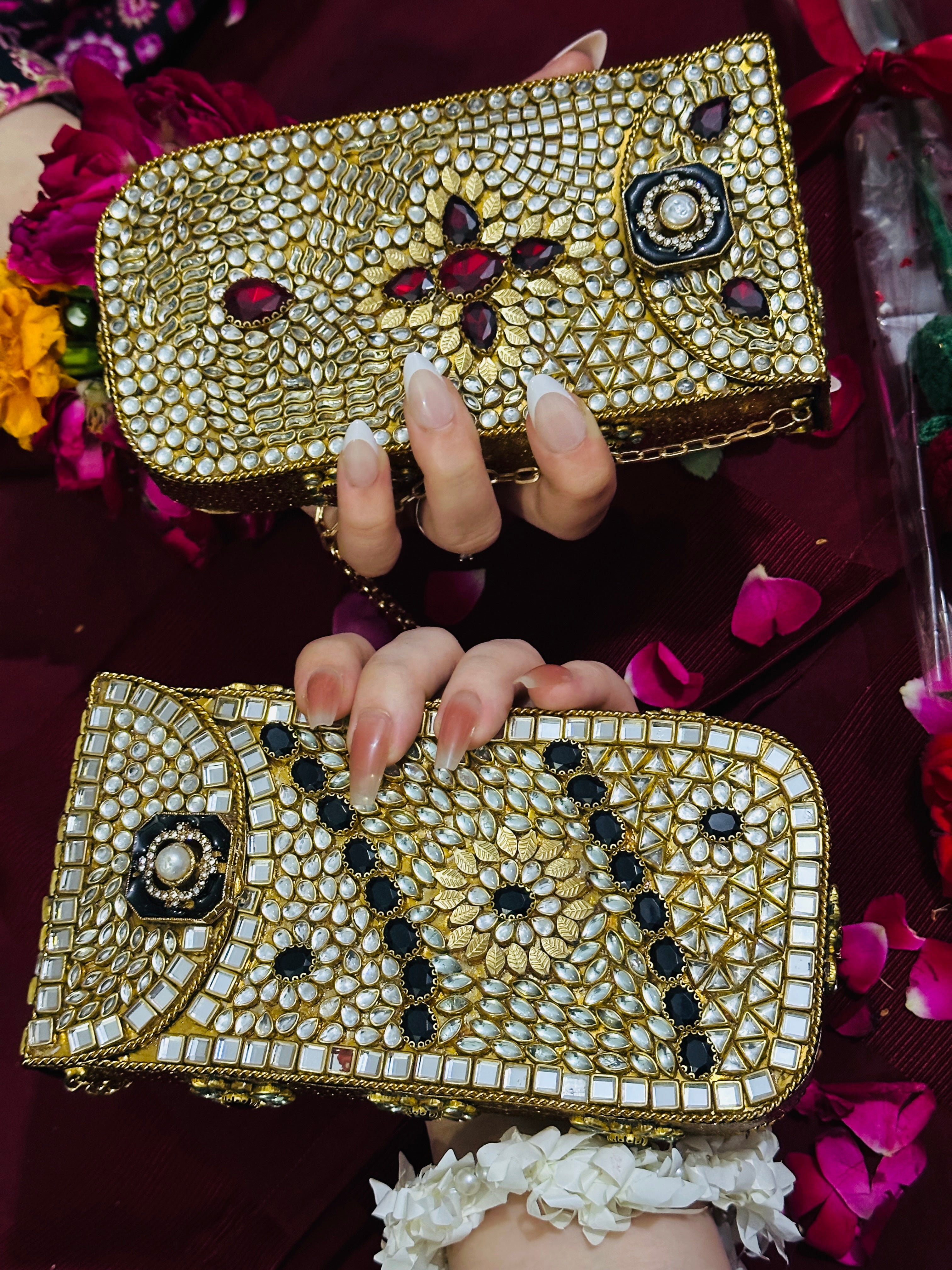 Long kundan hand size clutch mobile fit
