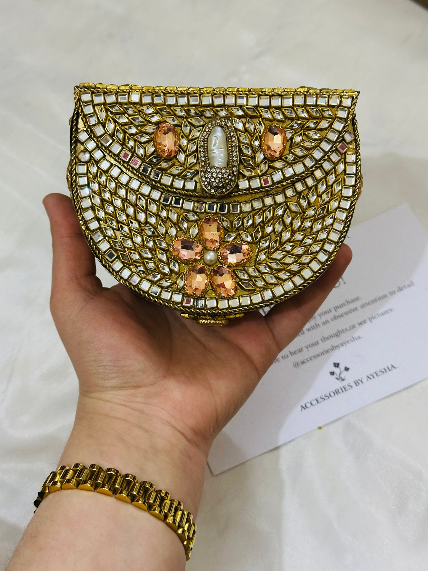 Peach stone kundan clutch