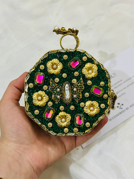 KUNDAN GREEN CRYSTAL CLUTCH