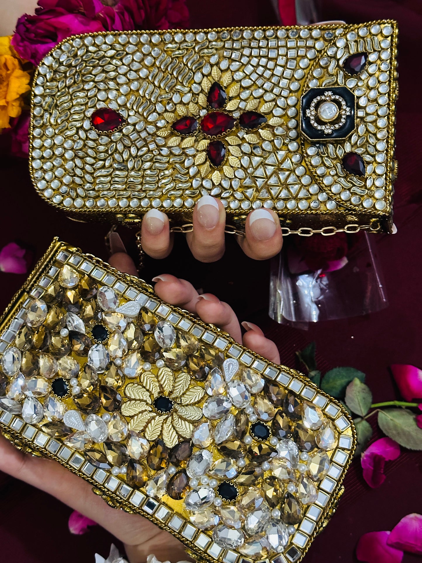 Kundan long mobile fit clutch real red stones