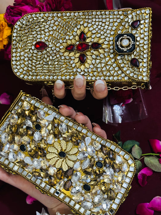 Kundan long mobile fit clutch real red stones